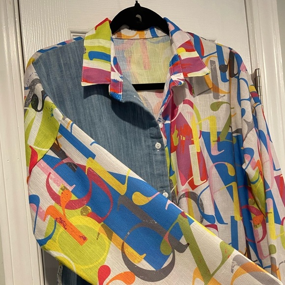 VTG Colorful Alphabet Blue Colorblock Size 2X Button Down Collared Shirt - Picture 4 of 10